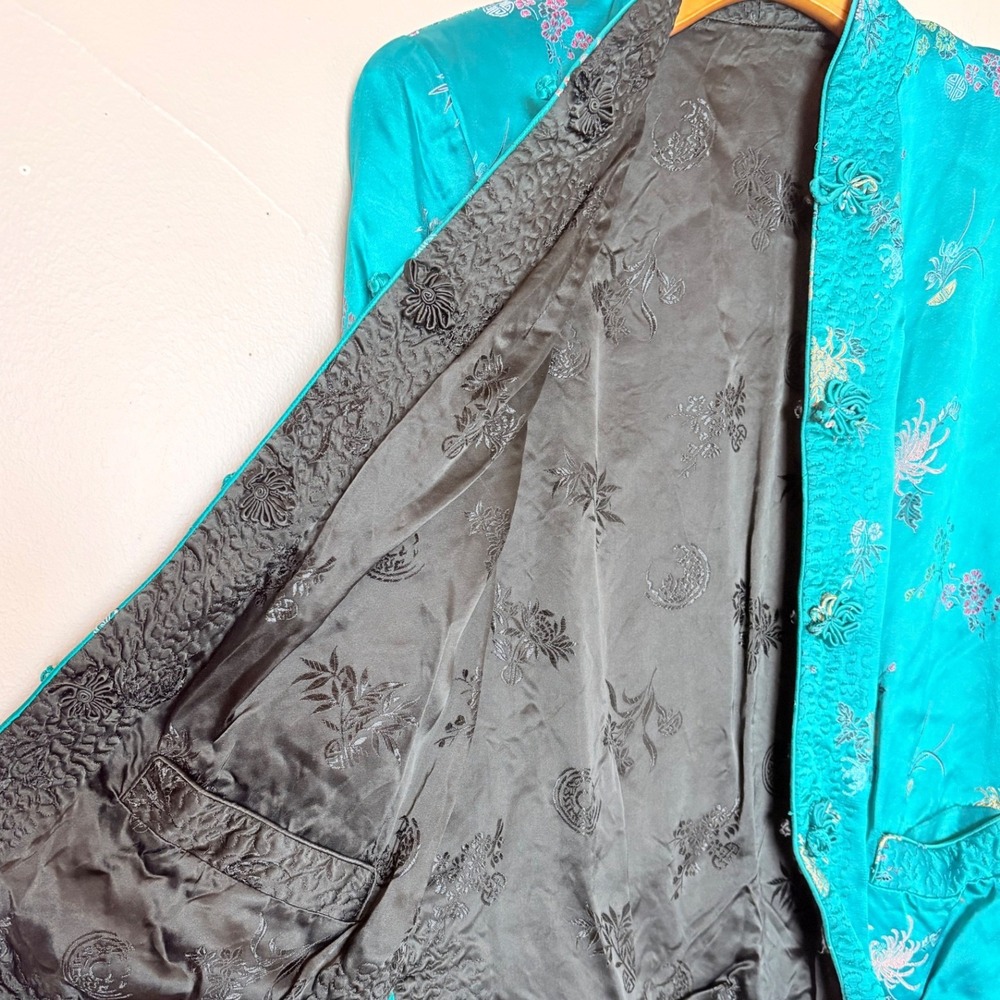 Vintage Reversible Satin Chinese Jacket Teal Black Embroidered Frog‎ Buttons - Picture 3 of 16